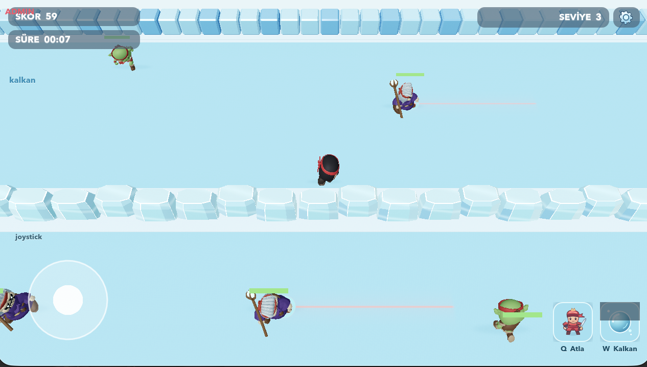 A corridor level. Ninja slides on blue ice beside a patrolling orc. A joystick and skill buttons sit at the bottom.
