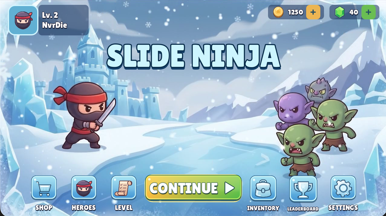 Main menu. Ninja and the cast stand on the ice under a video sky. Play, shop, heroes, level, bag, and ranks along the bottom.