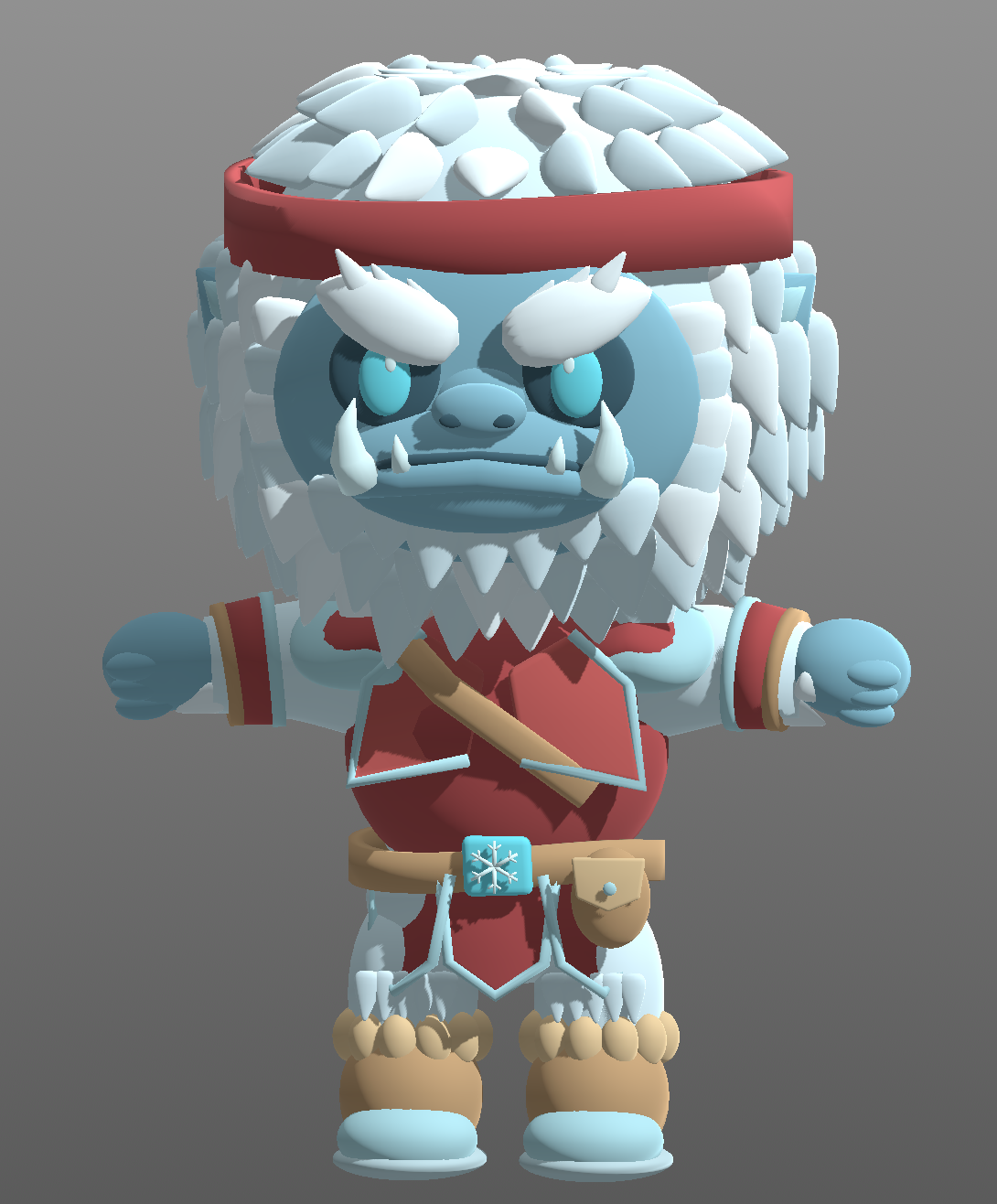 The yeti, white fur and a horned crown, club in hand.